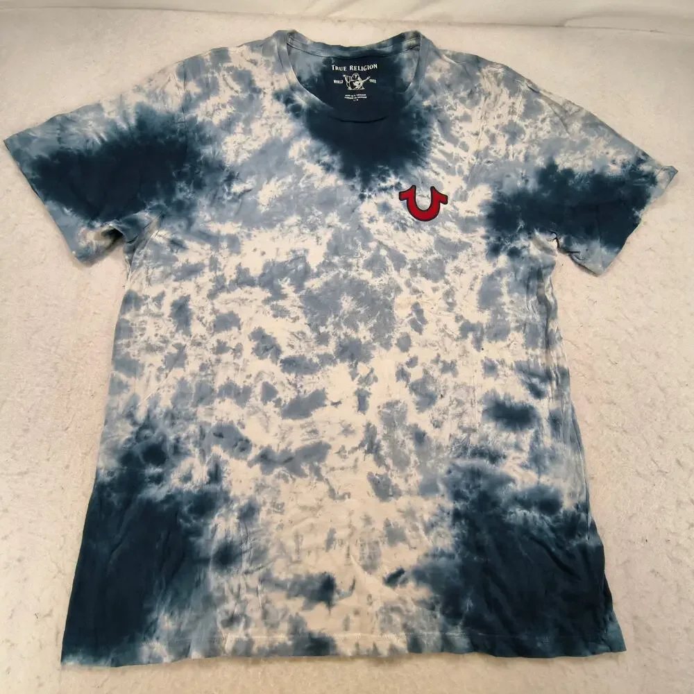 True Religion Casual Crew Neck Short Sleeve Graphic Shirt Mens Size L Blue White